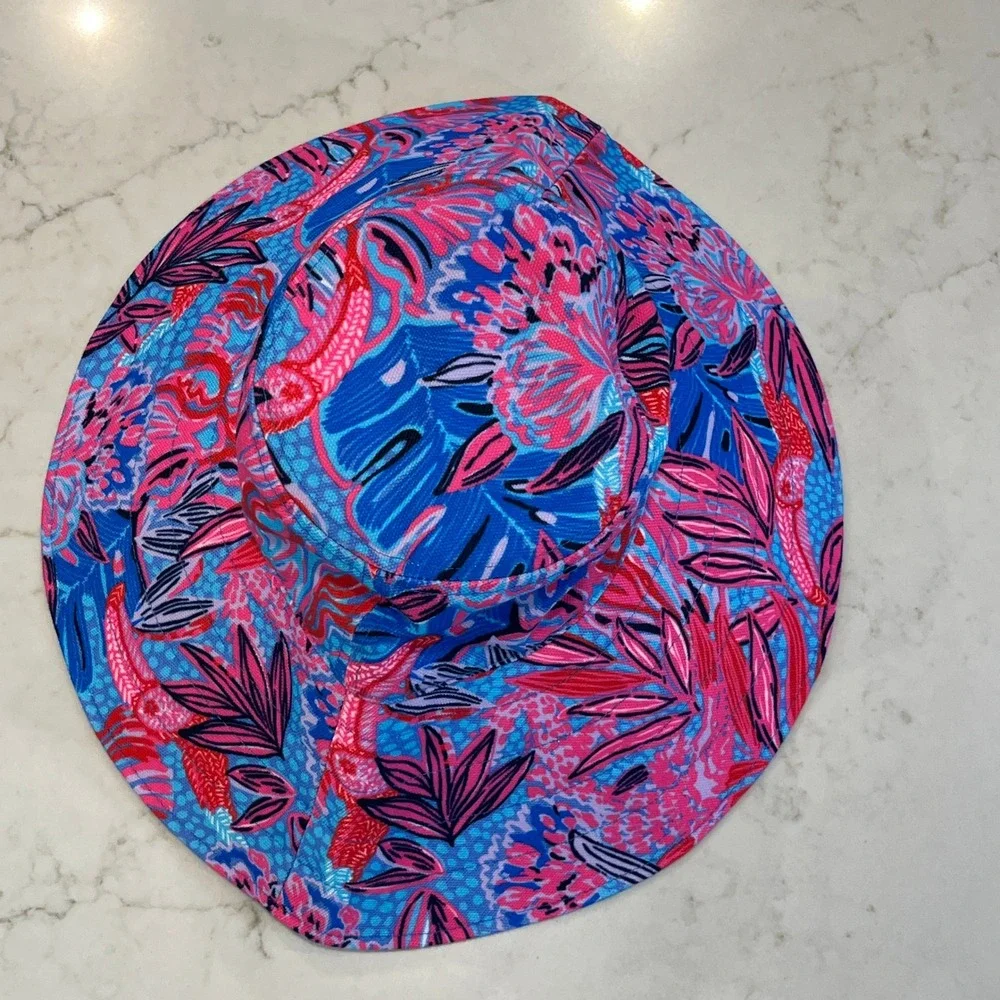 Lilly Pulitzer Bucket Hat Womens One Size Blue Pink‎ Floral Tropical Wide Brim